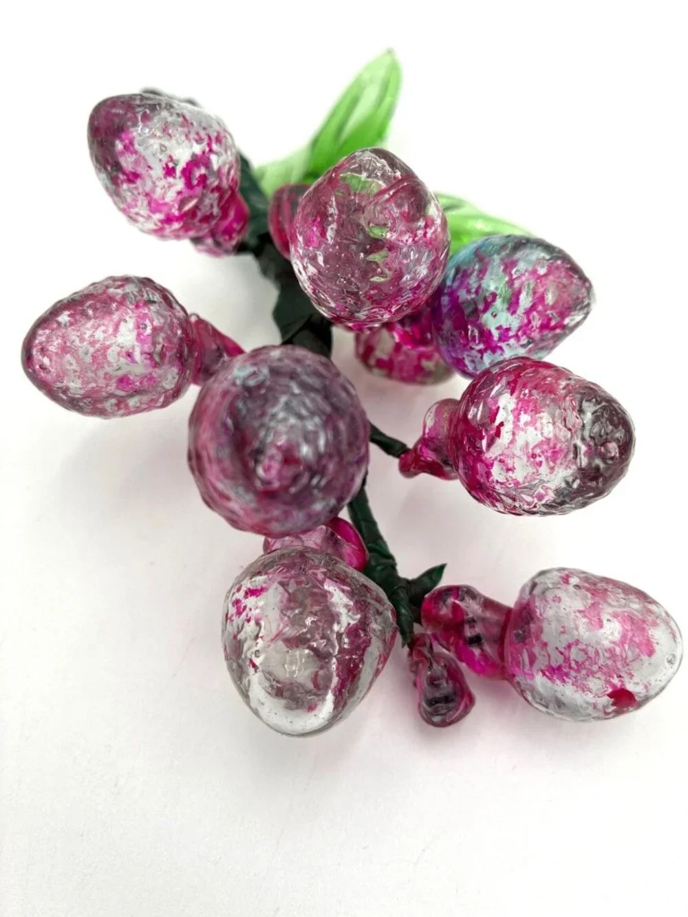 Vintage Handblown Glass Grape Cluster With Green Leaves Pink & Clear Decorative